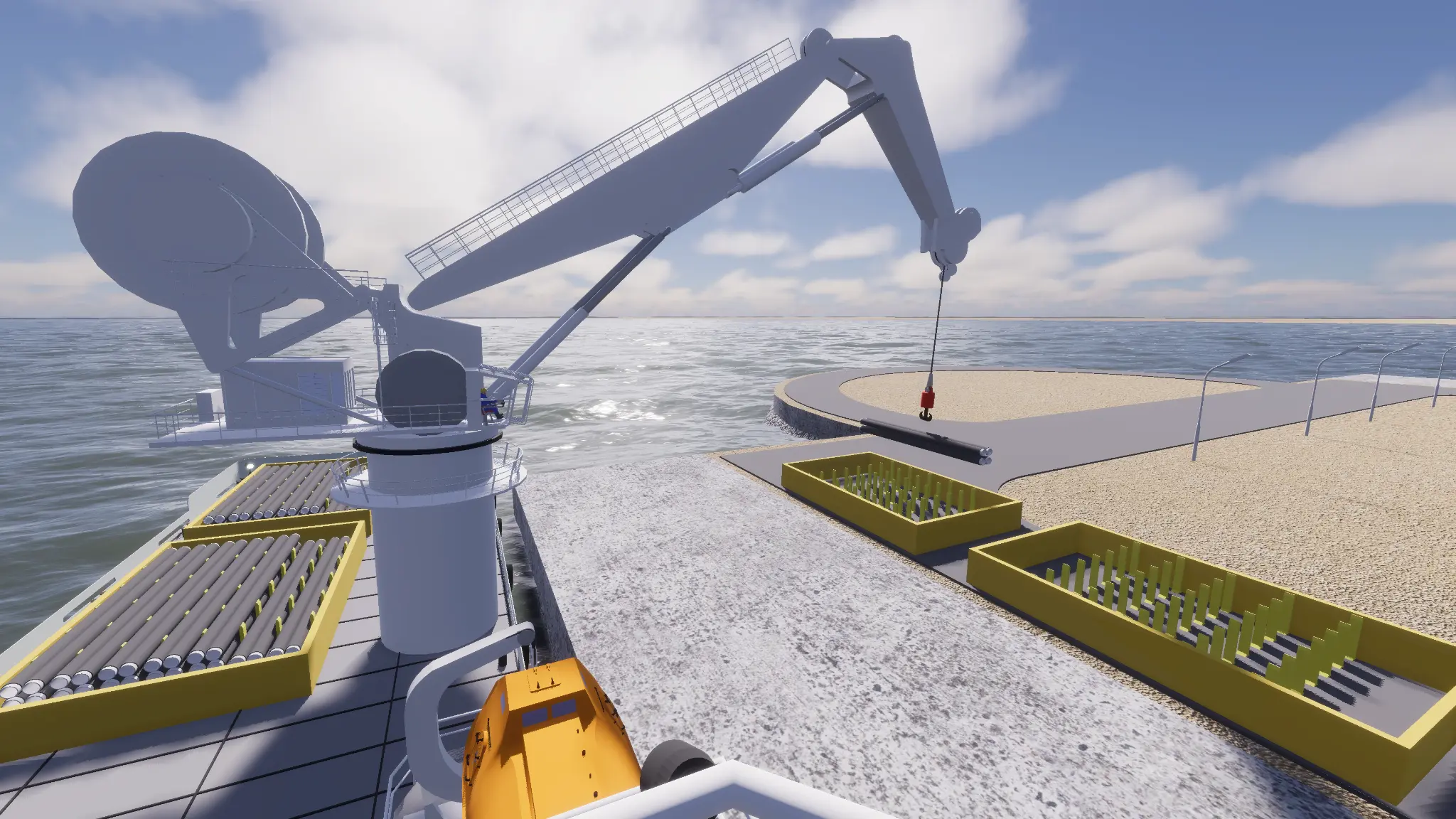 View from the vessel toward a crane hook and pipe cargo on the quay