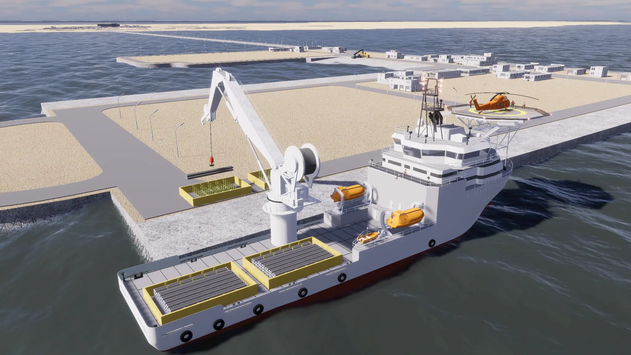 Aerial overview of a pipe-handling support vessel alongside a large port
